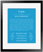 Caia custom name art showing meaning and origin in blue with black matte frame