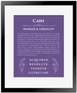 Cain personalized wall art with the story of your name in purple with black matte frame