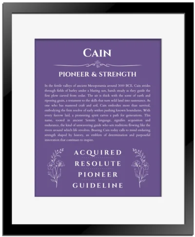 Cain personalized wall art with the story of your name in purple with black matte frame