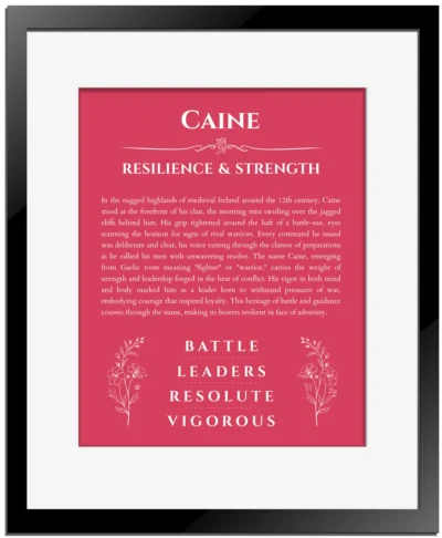 Caine custom name meaning print in red with black matte frame