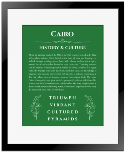 Cairo name meaning wall art by Get Your Story in dark green with black matte frame