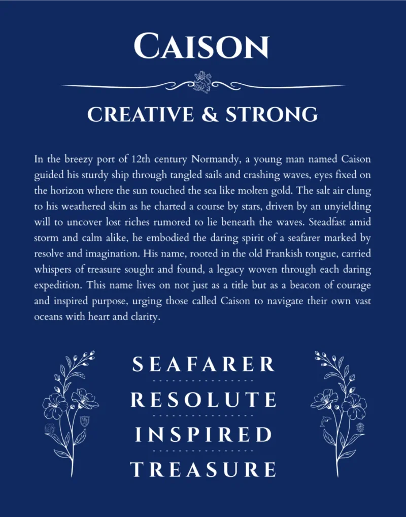 Caison personalized name print with origin and traits in deep blue