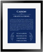 Caison personalized name print with origin and traits in deep blue with black matte frame