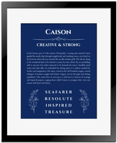 Caison personalized name print with origin and traits in deep blue with black matte frame