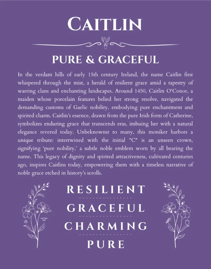 Caitlin custom name art showing meaning and origin in purple