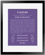 Caitlin custom name art showing meaning and origin in purple with black matte frame