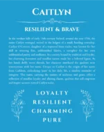 Caitlyn name origin print with meaning and traits in blue