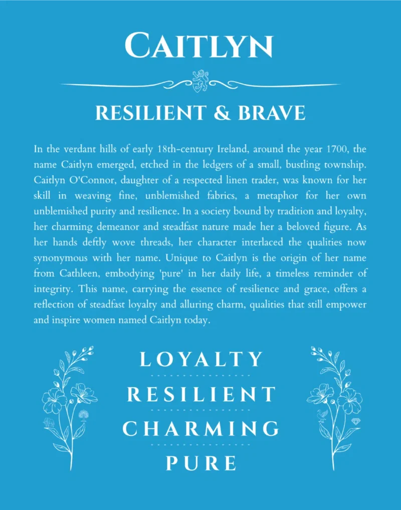 Caitlyn name origin print with meaning and traits in blue