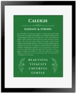 Caleigh name meaning wall art by Get Your Story in dark green with black matte frame
