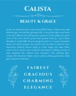 Calista name origin print with meaning and traits in blue