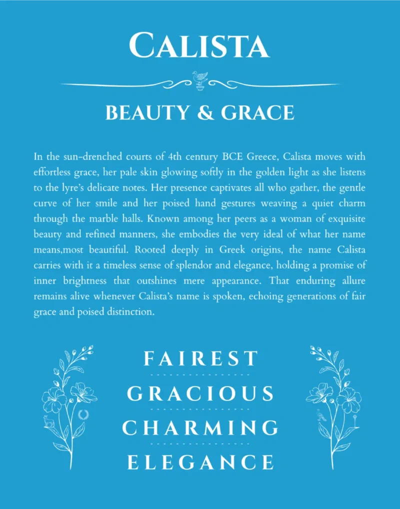Calista name origin print with meaning and traits in blue