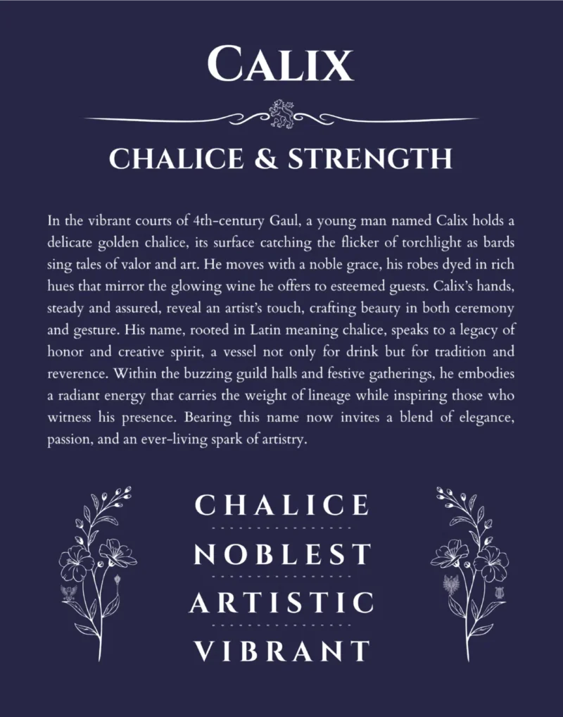 Calix personalized name print with origin and traits in navy blue