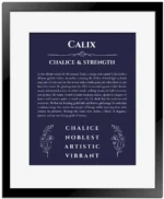Calix personalized name print with origin and traits in navy blue with black matte frame