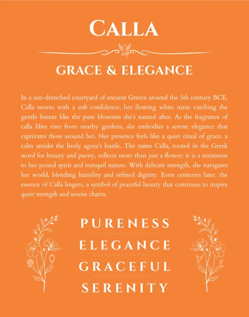 Calla custom name art showing meaning and origin in orange
