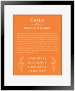 Calla custom name art showing meaning and origin in orange with black matte frame