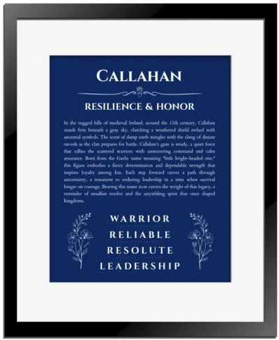 Callahan name meaning wall art by Get Your Story in deep blue with black matte frame
