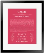 Callie personalized name print with origin and traits in red with black matte frame