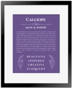 Calliope personalized wall art with the story of your name in purple with black matte frame