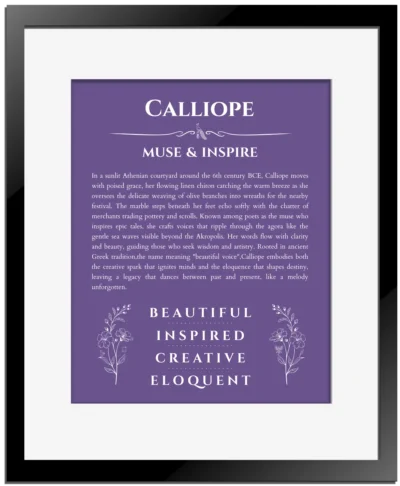 Calliope personalized wall art with the story of your name in purple with black matte frame