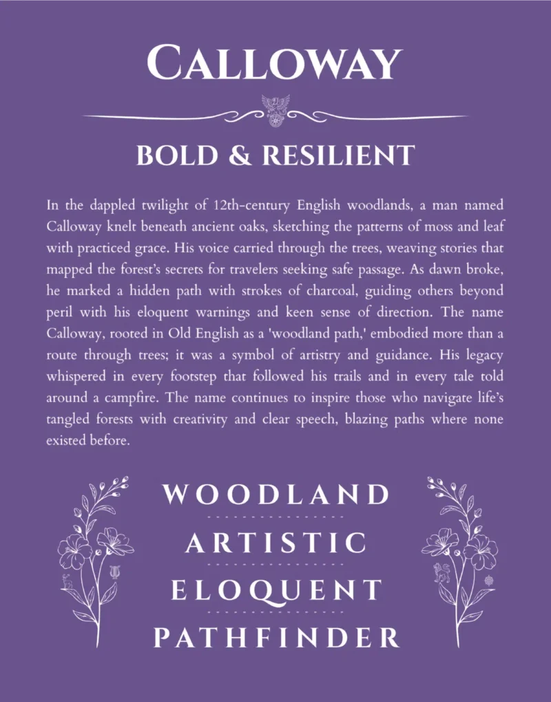 Calloway personalized name art with origin story in purple
