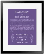 Calloway personalized name art with origin story in purple with black matte frame
