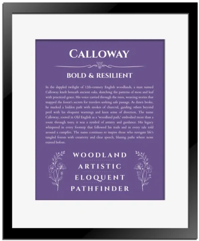 Calloway personalized name art with origin story in purple with black matte frame