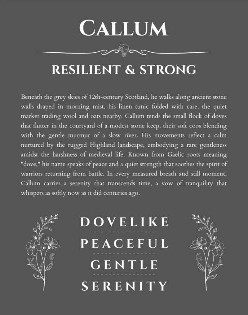 Callum custom name art showing meaning and origin in gray