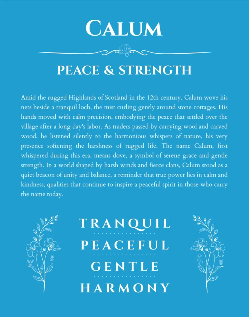 Calum personalized name art with origin story in blue