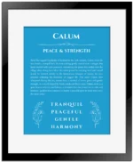 Calum personalized name art with origin story in blue with black matte frame