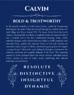 Calvin name origin print with meaning and traits in deep blue