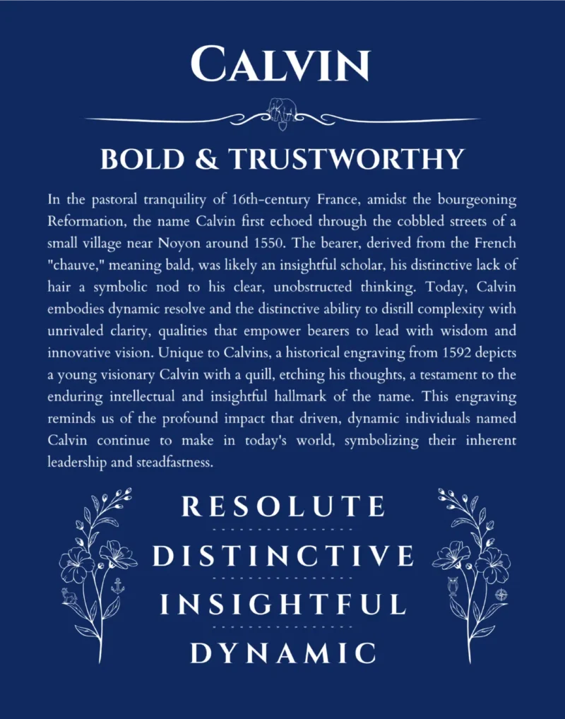 Calvin name origin print with meaning and traits in deep blue