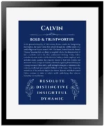 Calvin name origin print with meaning and traits in deep blue with black matte frame