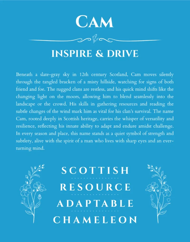 Cam name origin print with meaning and traits in blue