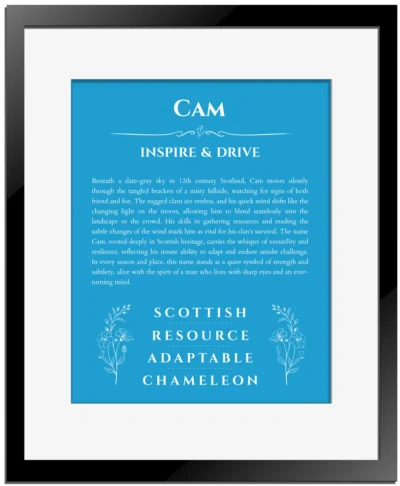 Cam name origin print with meaning and traits in blue with black matte frame