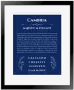 Cambria personalized name print with origin and traits in deep blue with black matte frame