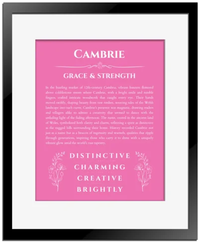 Cambrie name meaning gift print in pink with black matte frame