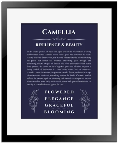 Camellia personalized name print with origin and traits in navy blue with black matte frame