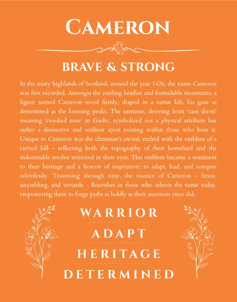 Cameron name meaning gift print in orange