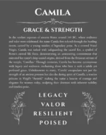 Camila custom name art showing meaning and origin in gray