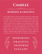 Camille custom name art showing meaning and origin in red