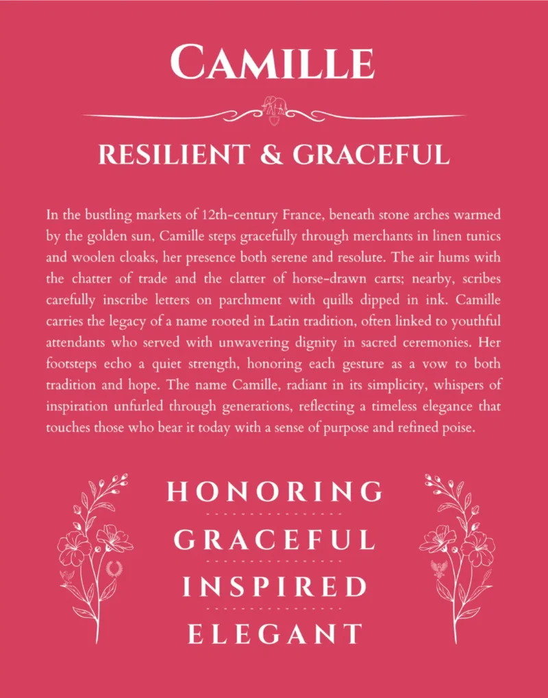Camille custom name art showing meaning and origin in red