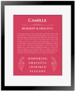 Camille custom name art showing meaning and origin in red with black matte frame