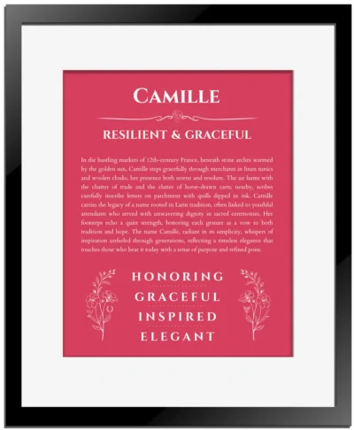 Camille custom name art showing meaning and origin in red with black matte frame