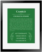 Camilo custom name print for wall display in dark green with black matte frame
