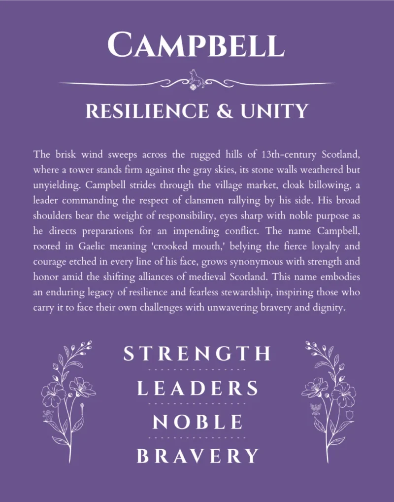 Campbell personalized name art with origin story in purple