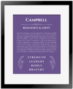 Campbell personalized name art with origin story in purple with black matte frame