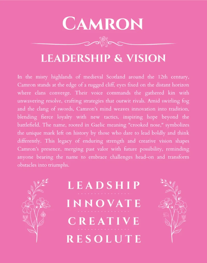 Camron name origin print with meaning and traits in pink