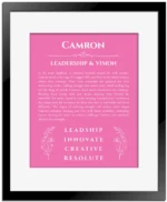 Camron name origin print with meaning and traits in pink with black matte frame
