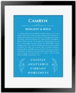 Camryn personalized name meaning print in blue with black matte frame