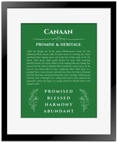 Canaan personalized wall art with the story of your name in dark green with black matte frame
